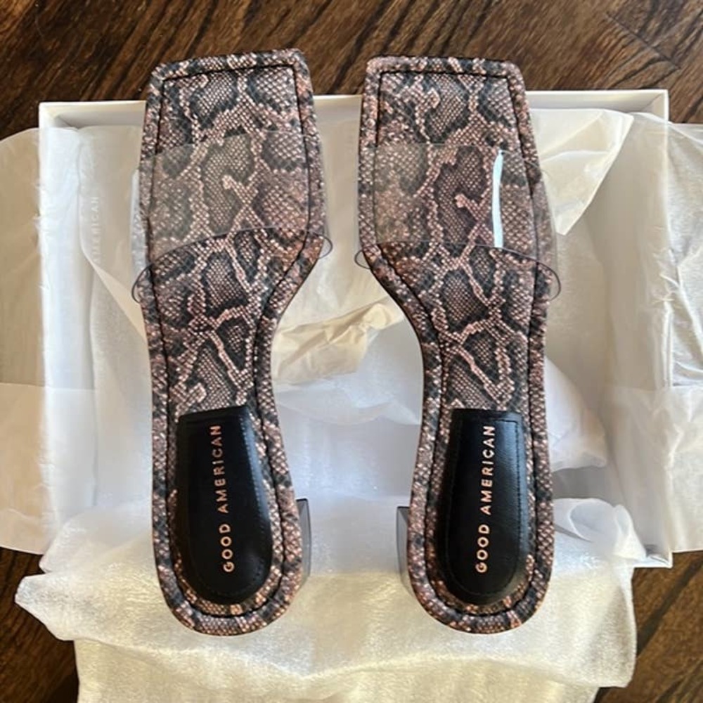 Good American Block Square Toe Heel Mule Sandal in Desert Snake